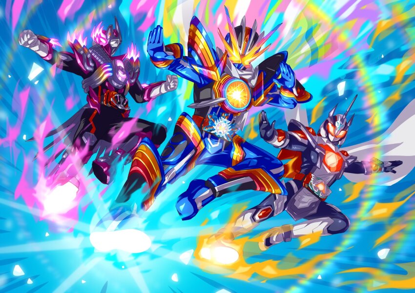 1girl 2boys alchemisdriver armor armored_boots ass asymmetrical_armor black_bodysuit bodysuit bolt_(hardware) boots commentary compound_eyes contrapposto fiery_background fighting_stance finishing_move fire flaming_weapon foreshortening gloves glowing glowing_eye glowing_eyes glowing_smoke gotcha_driver helmet heterochromia highres holding holding_sword holding_weapon hopper_1 jewelry kamen_rider kamen_rider_gotchard kamen_rider_gotchard_(series) kamen_rider_majade kamen_rider_rainbow_gotchard kamen_rider_valvarad leg_up long_hair multiple_boys open_hands orange_eyes orange_hair otokamu outstretched_arms pants pink_eyes power_armor rainbow rainbow_aura rainbow_background rider_belt rider_kick ring shoulder_spikes smoke solo spikes spread_arms standing steamliner sun sununicorn sword tokusatsu unicorn valvaradriver valvarusher weapon white_armor white_eyes white_gloves