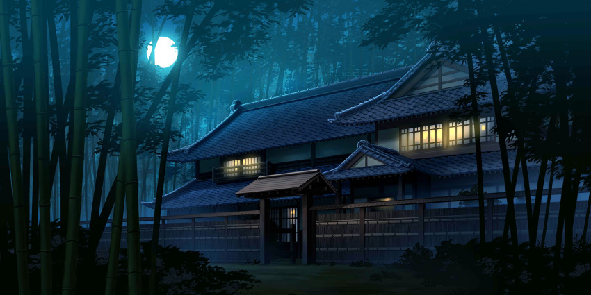 architecture balcony bamboo bamboo_forest bush east_asian_architecture eientei fence forest full_moon grass highres house kosian moon nature night no_humans non-web_source official_art scenery second-party_source touhou touhou_lostword
