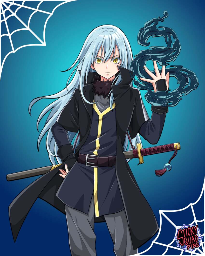 1other androgynous belt black_coat blue_hair brown_belt coat colored_eyelashes commentary english_commentary fur_trim grey_pants hand_on_own_hip heyreza.art highres katana long_hair magic other_focus pants rimuru_tempest serious sheath sheathed solo sword tensei_shitara_slime_datta_ken very_long_hair watermark weapon yellow_eyes