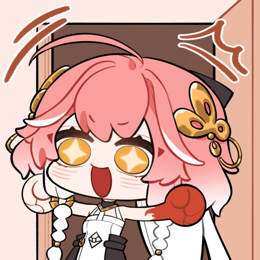 1girl :d ahoge changli_(wuthering_waves) chibi dress hair_ornament highres holding lightcb long_hair multicolored_hair open_mouth pink_hair smile solo white_dress white_hair wuthering_waves yellow_eyes