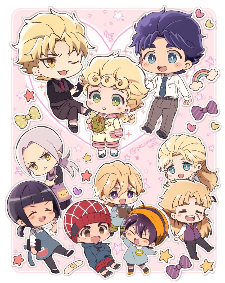 1girl 2022 6+boys :d aged_down apron beanie black_hair black_pants blonde_hair blue_eyes blue_hair blush bruno_bucciarati buttoned_cuffs buttons child closed_eyes coco_jumbo commentary dio_brando erina_pendleton family father_and_son formal_clothes giorno_giovanna green_eyes guido_mista hat highres hood hoodie implied_yaoi jojo_no_kimyou_na_bouken jonathan_joestar leone_abbacchio long_sleeves morino_peko multiple_boys narancia_ghirga one_eye_closed open_mouth pannacotta_fugo pants phantom_blood purple_eyes robert_e._o._speedwagon shirt smile symbol-only_commentary turtle vento_aureo white_shirt yellow_eyes