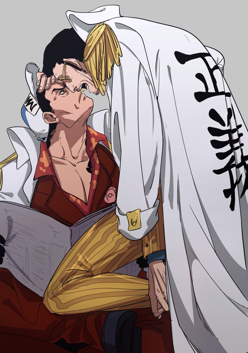 2boys 6cheetah absurdres borsalino_(kizaru) couple face-to-face facial_hair formal_clothes from_side hand_on_another&#039;s_face highres holding holding_newspaper long_sideburns male_focus mature_male multiple_boys mustache_stubble newspaper one_piece pectoral_cleavage pectorals profile sakazuki_(akainu) short_hair sideburns sparse_stubble stubble suit sunglasses talking yaoi
