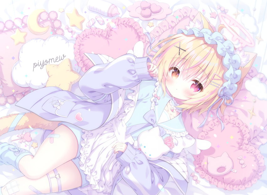 1boy ahoge animal_ear_fluff animal_ears apron baby_bottle blonde_hair blue_choker blue_shirt blue_shorts blue_socks bottle bow bowtie cat_boy cat_ears cat_tail choker commentary_request crescent crossed_bandaids frilled_choker frilled_sailor_collar frills hair_ornament hairclip halo highres holding holding_stuffed_toy jacket kamishiro_piyo maid_headdress male_focus multicolored_hair on_bed open_clothes open_jacket original pink_bow pink_eyes pink_hair pocket purple_bow purple_bowtie purple_jacket sailor_collar sailor_shirt shirt short_hair shorts socks star-shaped_pillow star_(symbol) streaked_hair stuffed_animal stuffed_cat stuffed_toy tail tareme thigh_strap trap two-tone_hair white_apron x_hair_ornament yellow_eyes yume_kawaii