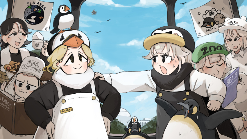 1boy 5girls :3 :d :o absurdres animal animal_on_head atlantic_puffin bear_hat bird bird_on_head black_hair black_overalls black_scarf black_shirt blonde_hair book closed_eyes commentary diva_(hyxpk) donut_stamp duck english_commentary green_hat grey_hair hat highres holding holding_book king_penguin multicolored_hair multiple_girls on_head open_mouth orca_keeper_(diva) overalls penguin penguin_hat penguin_keeper_(diva) polar_bear_keeper_(diva) puffin_hat puffin_keeper_(diva) scarf sea_otter_keeper_(diva) seal_keeper_(diva) seal_puppet shirt short_hair smile streaked_hair sweat towel white_hair white_overalls white_scarf white_shirt zoo zookeeper zookeepers_(diva)