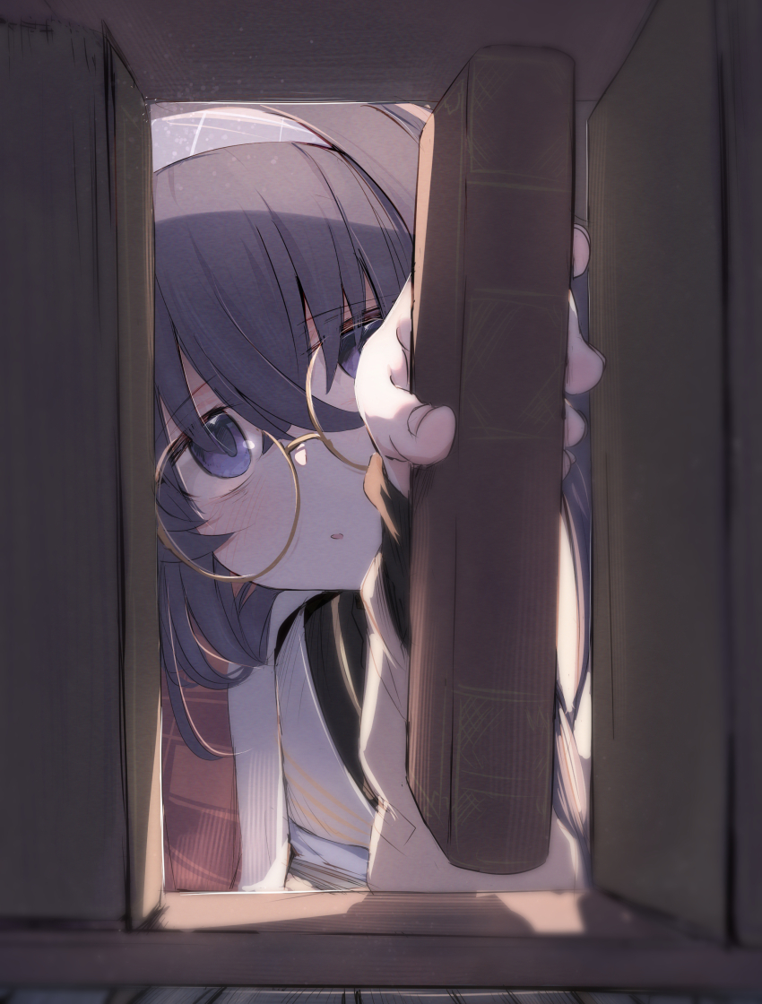 1girl :o absurdres bags_under_eyes blue_archive blue_hairband blush book bookshelf commentary_request foreshortening from_inside glasses grey_hair hairband highres holding holding_book indoors mok4suke obstructed_view purple_eyes round_eyewear solo ui_(blue_archive) yellow-framed_eyewear
