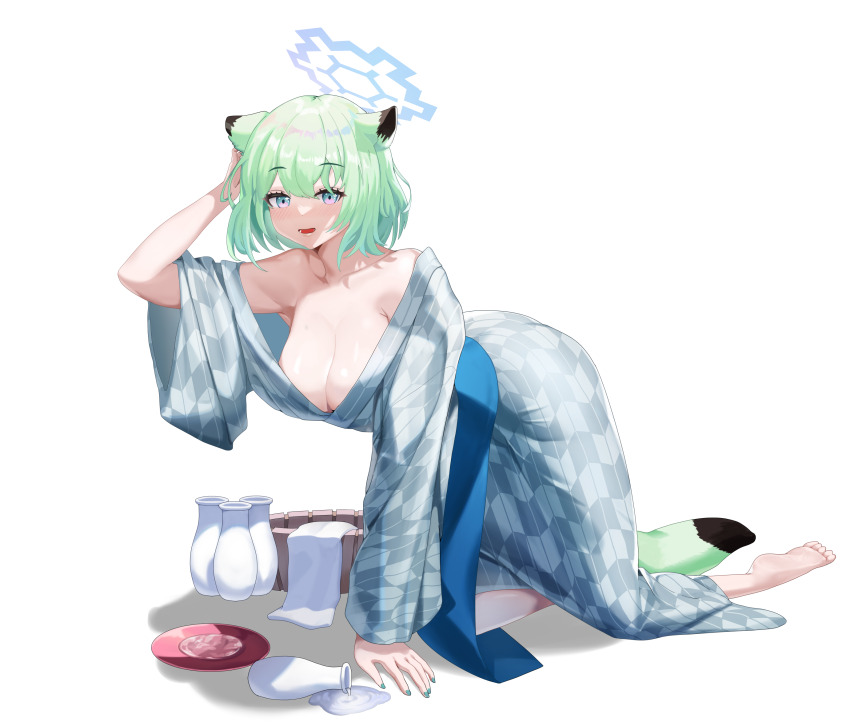 1girl alternate_costume animal_ears bare_shoulders basket bath_yukata blue_archive blush breasts cleavage collarbone commentary cup green_hair halo highres japanese_clothes kimono kneeling laku_mwa large_breasts looking_at_viewer medium_hair off_shoulder official_alternate_costume sakazuki shigure_(blue_archive) shigure_(hot_spring)_(blue_archive) spill tail tokkuri towel weasel_ears weasel_girl weasel_tail white_background yagasuri yukata