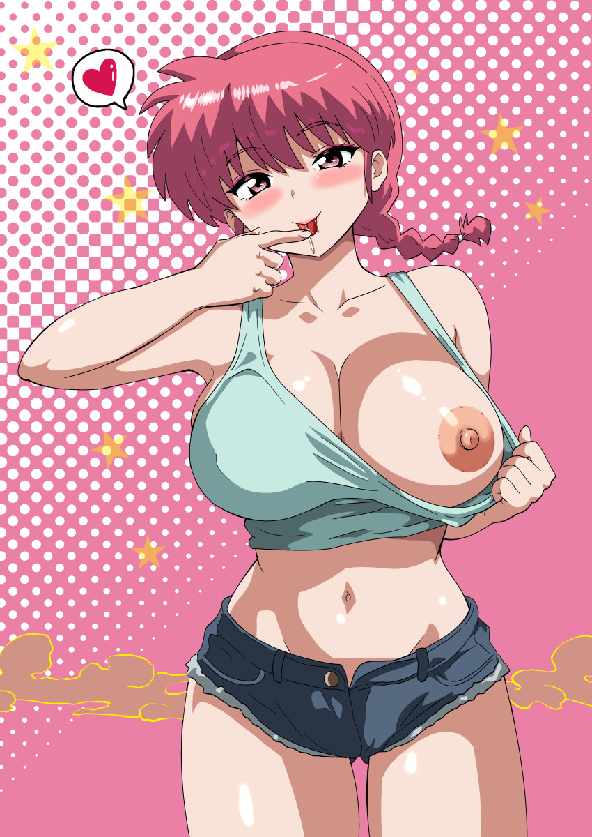 1girl braid breasts genderswap genderswap_(mtf) nipples ranma-chan ranma_1/2 saotome_ranma shorts single_braid solo