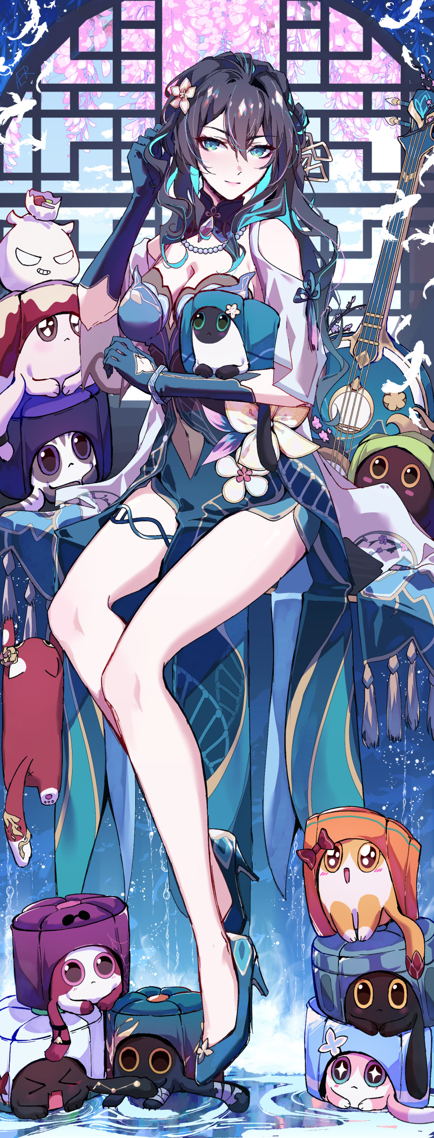 1girl absurdres aer007580 animalization aqua_dress aqua_eyes aqua_gloves bare_shoulders bead_necklace beads black_hair blade_(honkai:_star_rail) blade_(sesame_cake)_(honkai:_star_rail) breasts brown_hair cat chinese_clothes clara_(honkai:_star_rail) clara_(pure_sugar_child)_(honkai:_star_rail) cleavage clothing_cutout commentary critter_pick_(honkai:_star_rail) dan_heng_(honkai:_star_rail) dan_heng_(rice_dumpling)_(honkai:_star_rail) dress english_commentary gloves gray_bean_paste_(honkai:_star_rail) green_dress green_gloves guinaifen_(honkai:_star_rail) guinaifen_(troublemaker)_(honkai:_star_rail) herta_(honkai:_star_rail) herta_(wisteria_cake)_(honkai:_star_rail) highres himeko_(honkai:_star_rail) honkai:_star_rail honkai_(series) jewelry kafka_(honkai:_star_rail) kafka_(shader_cat)_(honkai:_star_rail) light_smile long_hair looking_at_viewer march_7th_(honkai:_star_rail) march_7th_(ice_cake)_(honkai:_star_rail) medium_breasts molten_cheese_tart_(honkai:_star_rail) necklace pearl_necklace ruan_mei_(honkai:_star_rail) ruan_mei_(lambda&#039;s_friend)_(honkai:_star_rail) shoulder_cutout solo thighs trailblazer_(honkai:_star_rail) trailblazer_(trash_cake)_(honkai:_star_rail)