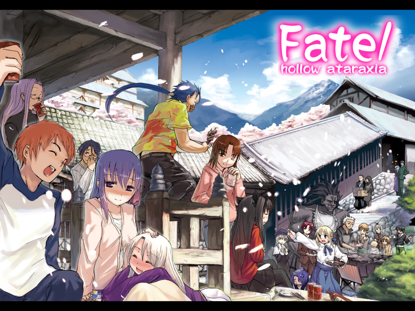 00s 6+boys 6+girls archer_(casual_wear)_(fate) archer_(fate) artoria_pendragon_(fate) bazett_fraga_mcremitz blonde_hair caren_hortensia child_gilgamesh_(fate) cu_chulainn_(fate) cu_chulainn_(fate/stay_night) dark-skinned_male dark_skin day emiya_shirou everyone fate/hollow_ataraxia fate/stay_night fate_(series) fujimura_taiga gilgamesh_(fate) heracles_(fate) highres himuro_kane hota hotaruzuka_otoko illyasviel_von_einzbern kuzuki_souichirou makidera_kaede matou_sakura medea_(caster)_(fate) medea_(fate) medusa_(fate) medusa_(rider)_(fate) mitsuzuri_ayako multiple_boys multiple_girls official_alternate_costume ryuudou_issei ryuudou_reikan saber_(fate) saegusa_yukika sasaki_kojirou sasaki_kojirou_(fate) sky tohsaka_rin