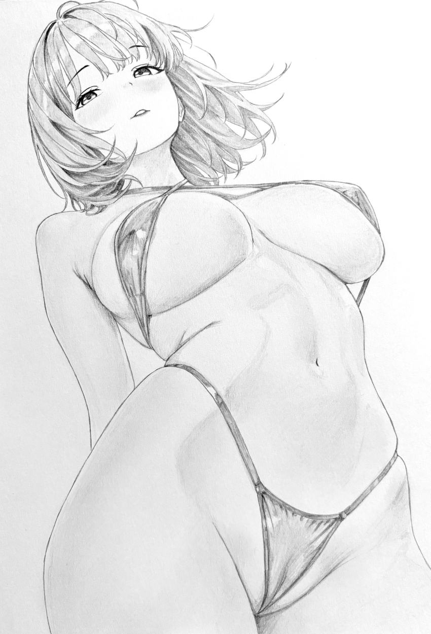 1girl absurdres areola_slip bikini breasts cameltoe commentary_request covered_erect_nipples cowboy_shot floating_hair graphite_(medium) greyscale highleg highleg_bikini highres large_breasts lensia light_blush linea_alba looking_at_viewer looking_down medium_hair monochrome navel original parted_lips solo standing stomach swimsuit traditional_media wedgie