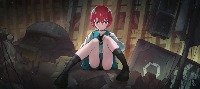 1girl absurdres amate_yuzuriha black_boots black_shorts black_socks boots building cable closed_mouth collared_shirt commentary dress_shirt expressionless green_eyes green_shirt green_skirt gundam gundam_gquuuuuux hair_between_eyes hand_on_own_knee harii_(janib5kc) highres kneehighs knees_up long_sleeves looking_at_viewer neckerchief outdoors pedestrian_lights pleated_skirt puffy_long_sleeves puffy_sleeves red_hair red_neckerchief rubble ruins school_uniform shirt short_hair shorts simple_background sitting skirt socks solo sweater white_sweater zaku_ii