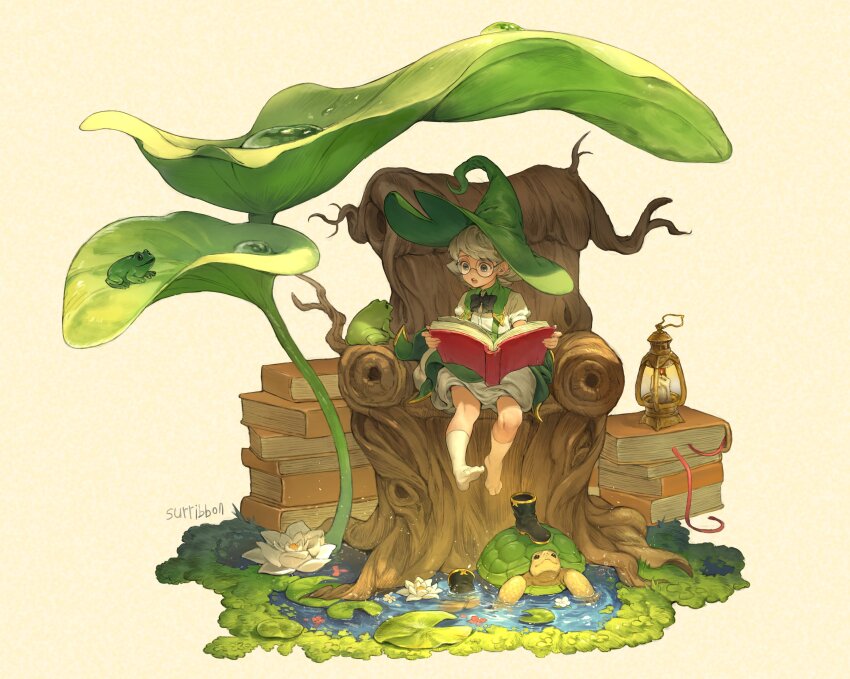 1girl absurdres armchair book book_stack boots chair flower frog full_body grey_eyes grey_hair hat highres lantern leaf_umbrella mini_person minigirl open_mouth original short_hair sitting solo suribbon turtle unworn_boots water white_flower witch_hat