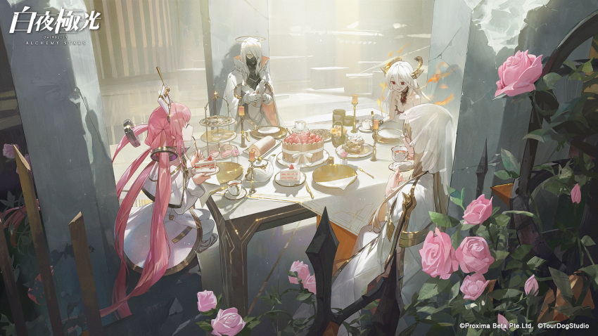 4girls alchemy_stars bare_shoulders basket breasts brown_hair cake cake_slice candle candlestand cape capelet chair cleavage closed_eyes company_name cookie copyright_name copyright_notice cup doll dress fire flower food fork gabriel_(alchemy_stars) gloves hair_over_one_eye halo highres holding holding_cup holding_doll holding_fork long_hair long_sleeves mask michael_(alchemy_stars) modare mouth_mask multiple_girls official_art pink_flower pink_hair pink_rose plant plate raphael_(alchemy_stars) red_eyes rose saucer sidelocks sitting small_breasts sparkle swiss_roll table teacup tiered_tray uriel_(alchemy_stars) veil vines waffle white_dress white_gloves white_hair
