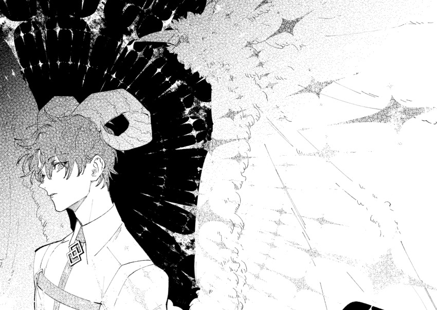 1boy alternate_form black_background chaldea_logo chaldea_uniform curled_horns dark_young_(fate) demon_boy demon_horns demon_wings fate/grand_order fate_(series) fujimaru_ritsuka_(male) greyscale hair_between_eyes horns looking_at_viewer male_focus monochrome parted_lips ringed_eyes solo upper_body urup_zzz wings