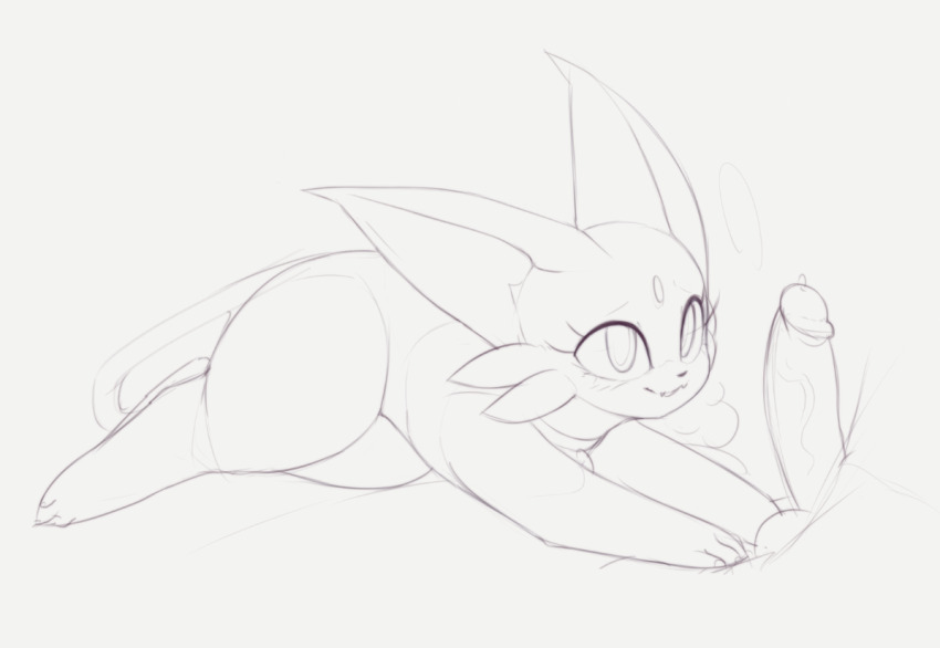 :3 animal_collar animal_focus animal_sexualization bestiality breath collar disembodied_penis erection espeon fang forehead_jewel full_body gen_2_pokemon grey_background greyscale happy kekitopu looking_at_penis lying monochrome nintendo on_stomach open_mouth penis pokemon pokemon_(creature) precum raised_eyebrows simple_background sketch smile solo_focus testicles veins veiny_penis