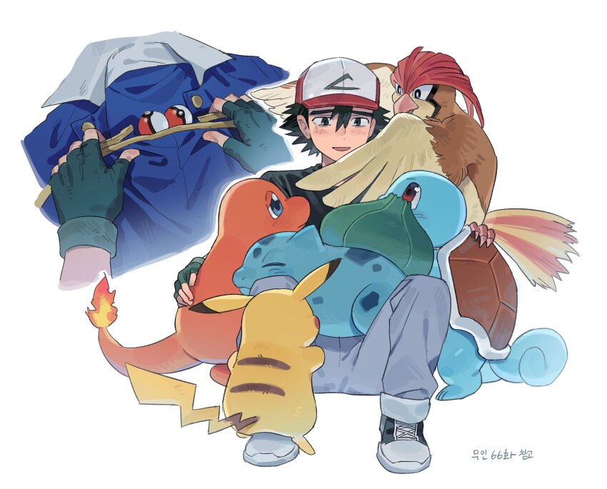 1boy ash_ketchum back baseball_cap bird black_eyes black_hair black_shirt blue_jacket blue_skin brown_eyes brown_feathers bulbasaur closed_eyes colored_skin curled_tail feathers fiery_tail fingerless_gloves fire flame-tipped_tail folding_clothes frown gen_1_pokemon gloves green_gloves green_skin half-closed_eyes hand_on_another&#039;s_back hat highres jacket knees_up light_smile looking_up male_focus mane multicolored_feathers multicolored_hat multiple_views nintendo on_ground on_lap orange_skin p_oxo7 pidgeotto pikachu poke_ball poke_ball_(basic) pokemon pokemon_(anime) pokemon_(classic_anime) pokemon_(creature) pokemon_on_back pokemon_on_lap pokemon_on_leg red_feathers red_hat shirt short_hair sitting sleeping squirtle tail tears turtle turtle_shell unworn_jacket white_hat yellow_fur