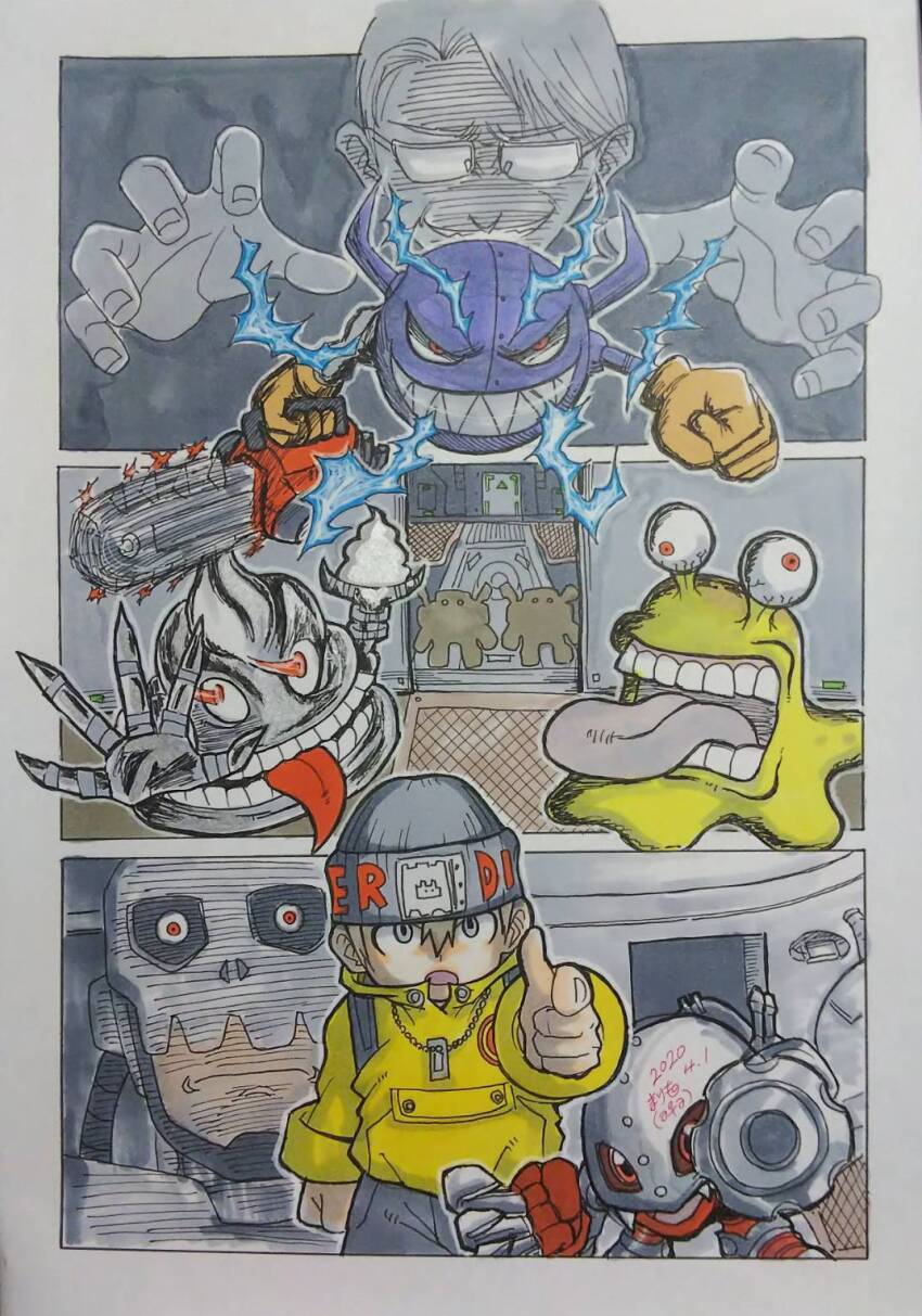 analogman andromon chain digimon digimon_(creature) giromon guardromon hat highres mameo_(digimon) metalmamemon numemon platinumscumon red_eyes solo tongue tongue_out