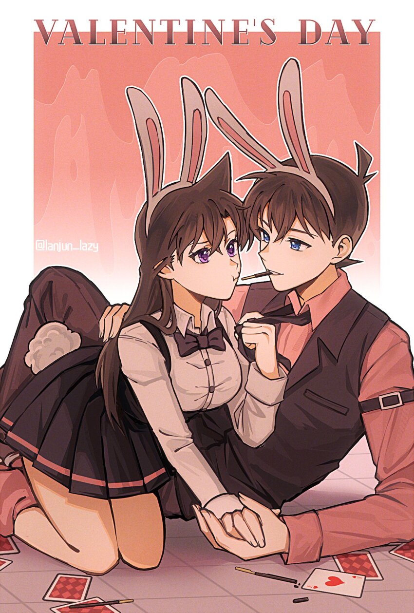 1boy 1girl animal_ears black_bow black_bowtie black_necktie black_pants black_skirt black_vest blue_eyes border bow bowtie brown_hair buckle card collared_shirt couple english_text fake_animal_ears floor_tiles food food_in_mouth highres kudou_shin&#039;ichi lanjun_lazy long_hair meitantei_conan mouri_ran necktie pants pink_background pink_shirt playing_card purple_eyes rabbit_ears rabbit_girl rabbit_tail sharing_food shirt simple_background skirt suspenders tail twitter_username two-tone_background valentine vest white_border white_shirt