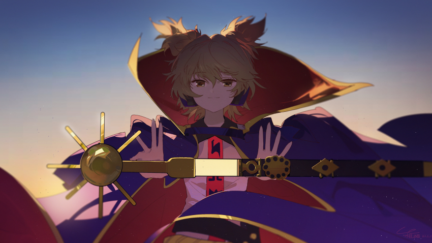 1girl absurdres belt black_belt black_sailor_collar blonde_hair bracelet breasts cape collared_shirt commentary_request drawing_sword earmuffs hako_(misheyes) highres holding holding_sword holding_weapon jewelry looking_at_viewer neck_ribbon pointy_hair purple_cape ribbon sailor_collar sheath shirt short_hair signature sky small_breasts solo sword touhou toyosatomimi_no_miko upper_body weapon yellow_eyes