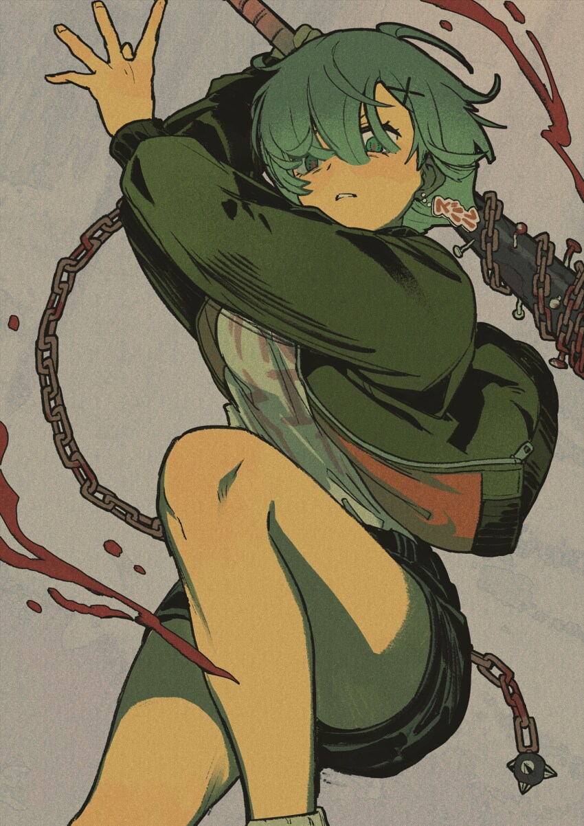 1girl bad_id bad_twitter_id baseball_cap black_shorts blood chain commentary_request duplicate eyelashes frown green_hair grey_background hair_between_eyes hair_ornament hat highres holding iwamushi jacket knees long_bangs looking_down open_clothes open_jacket parted_lips re:zero_kara_hajimeru_isekai_seikatsu rem_(re:zero) shirt short_hair shorts socks solo spread_fingers x_hair_ornament zipper zipper_pull_tab