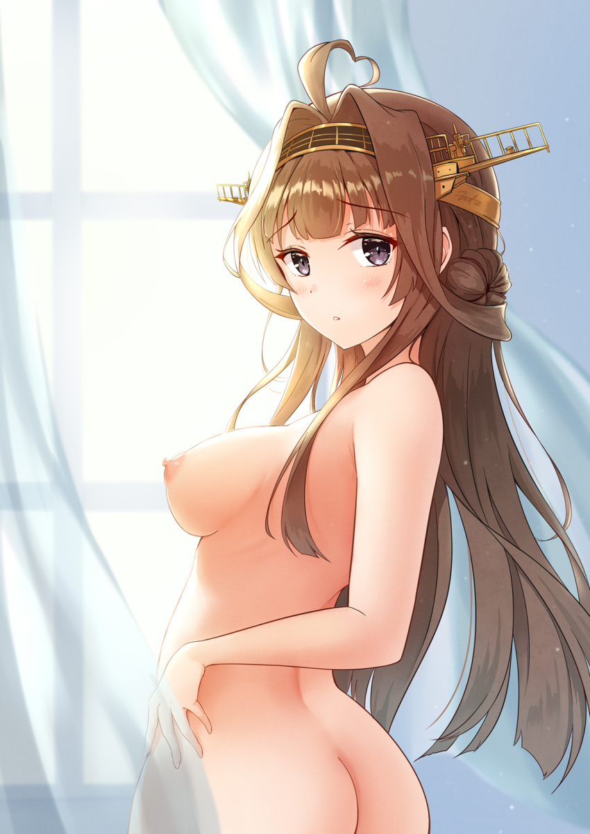 1girl ahoge ass backlighting blush breasts brown_hair butt_crack commentary completely_nude curtains double_bun english_commentary fritz614 from_behind hair_bun hair_intakes headgear highres kantai_collection kongou_(kancolle) kongou_kai_ni_(kancolle) large_breasts long_hair looking_at_viewer looking_back nipples nude parted_lips purple_eyes sideboob solo window