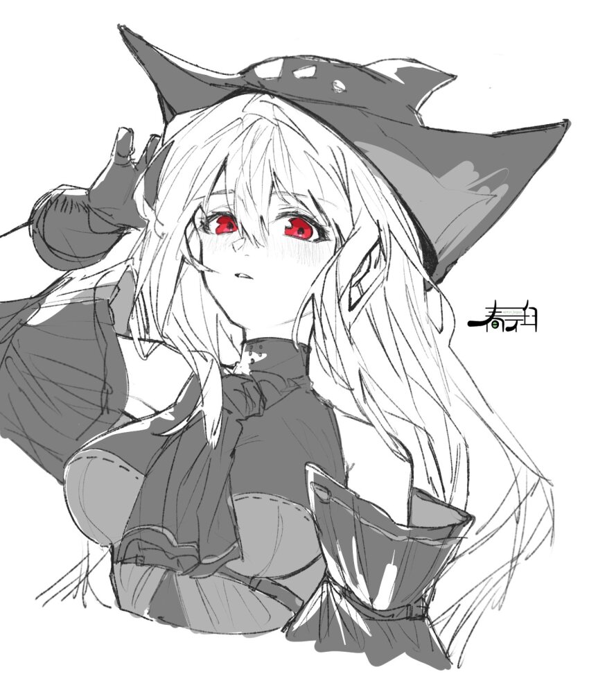 1girl arknights bare_shoulders black_gloves gloves grey_hair hair_between_eyes harukan_tiusu hat highres long_hair looking_at_viewer red_eyes simple_background skadi_(arknights) skadi_(elite_ii)_(arknights) sketch solo white_background white_hair