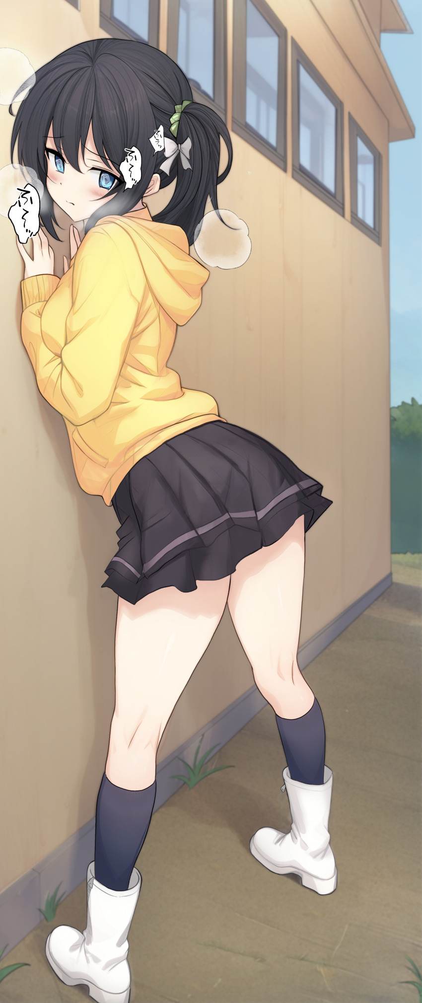 1girl @_@ absurdres against_wall black_hair black_skirt black_socks blue_eyes blush boots bow breasts breath building closed_mouth from_side full_body ghost_villager green_scrunchie hair_between_eyes hair_bow hair_ornament hair_scrunchie hands_up hatsuyuki_sakura highres hood hood_down hooded_jacket jacket leaning_forward legs_apart long_hair long_sleeves looking_back medium_breasts miniskirt nervous outdoors pleated_skirt raised_inner_eyebrows scrunchie shinonome_nozomu side_ponytail sidelocks skirt sleeves_past_wrists socks solo standing white_boots white_bow window yellow_jacket