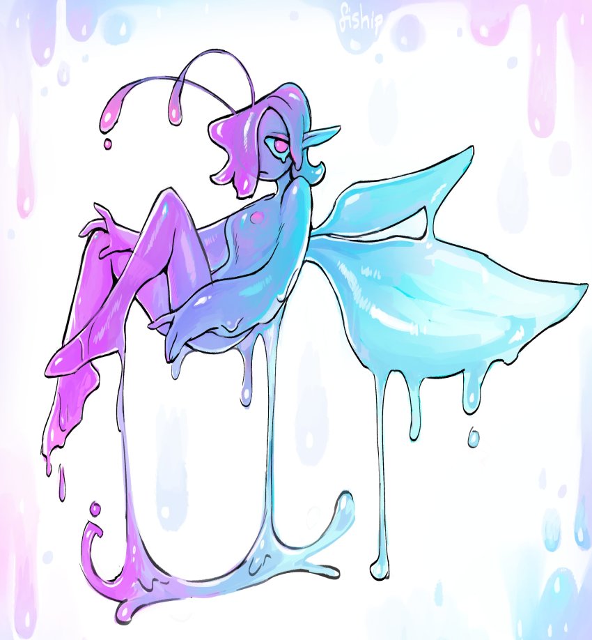 1girl absurdres antennae blue_sclera blue_skin closed_mouth colored_sclera colored_skin completely_nude hair_over_one_eye highres invisible_chair looking_at_viewer matilda_fiship monster_girl nude one_eye_covered original pointy_ears purple_eyes purple_skin sitting slime_girl solo wings