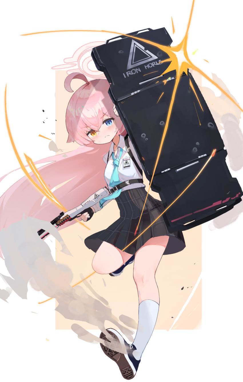 1girl absurdres ahoge beretta_1301 black_skirt blue_archive blue_eyes breast_strap breasts full_body gun halo heterochromia highres holding holding_gun holding_shield holding_weapon hoshino_(blue_archive) pink_hair riot_shield shield shoes shotgun skirt small_breasts sneakers socks solo standing sun_(65693337) weapon white_socks