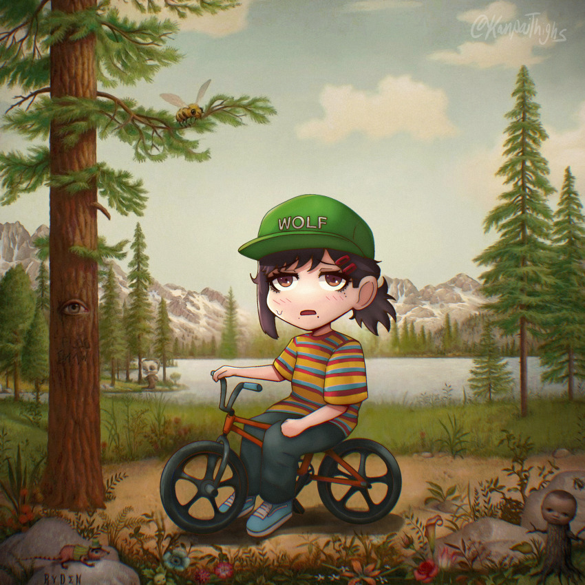 absurdres album_cover baseball_cap bicycle blue_footwear brown_eyes brown_hair chainsaw_man cover denim forest hair_ornament hairclip hat higashiyama_kobeni highres jeans kanpaithighs lake mountain nature outdoors pants parody ponytail shirt striped_clothes striped_shirt tree tyler_the_creator wolf_(tyler_the_creator_album)