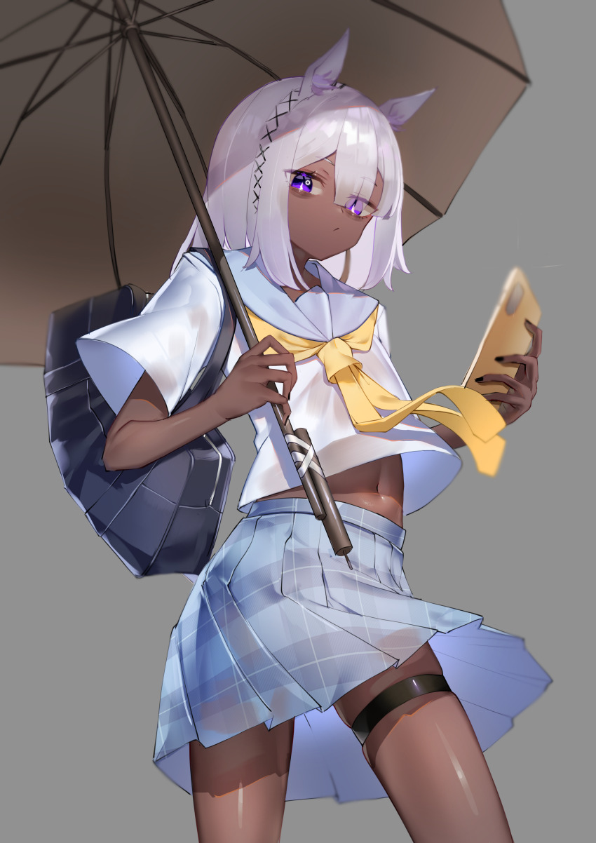 absurdres alternate_costume arknights bag bags_under_eyes black_nails blue_skirt brown_background camel_ears commentary_request dark-skinned_female dark_skin duffel_bag hair_between_eyes highres holding holding_phone holding_umbrella kirigirisu1221 long_hair midriff_peek navel neckerchief phone plaid_clothes plaid_skirt pleated_skirt purple_eyes school_uniform serafuku simple_background skirt thigh_strap tuye_(arknights) umbrella white_hair white_serafuku yellow_neckerchief