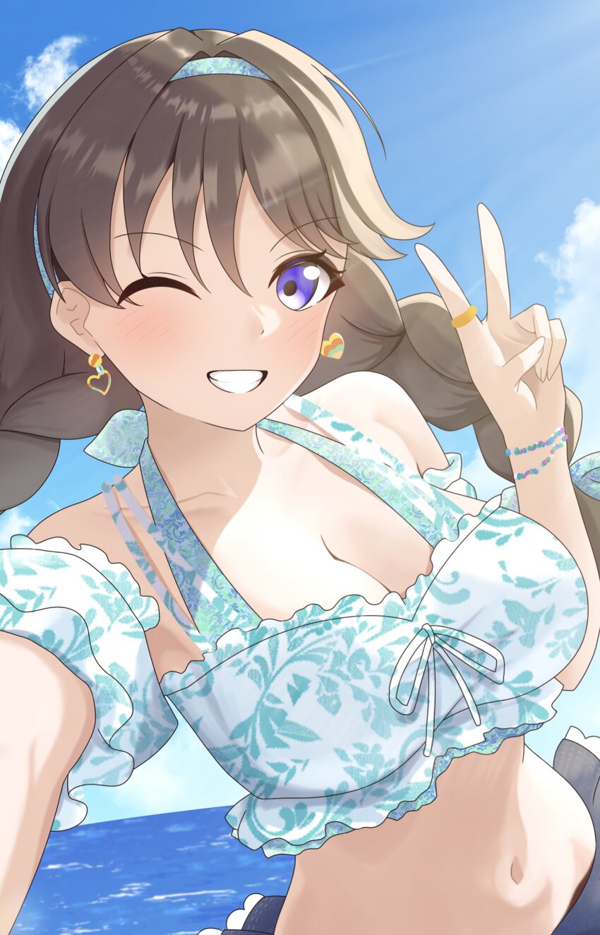 1girl ;d absurdres aokiotemoto bare_shoulders bikini blue_hairband blue_sky breasts cleavage cloud collarbone commentary detached_sleeves dutch_angle earrings frilled_bikini frilled_sleeves frills fujishima_megumi grin hair_intakes hairband heart heart_earrings highres horizon jewelry large_breasts link!_like!_love_live! looking_at_viewer love_live! mismatched_earrings natsumeki_pain navel official_alternate_costume one_eye_closed open_mouth outdoors puffy_short_sleeves puffy_sleeves ring short_sleeves sky smile solo stomach swimsuit v virtual_youtuber white_bikini