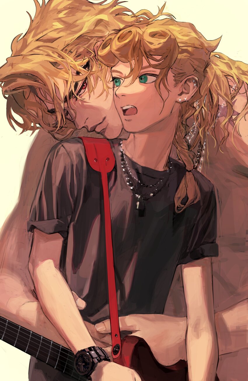 2boys absurdres blonde_hair braid closed_mouth dio_brando earrings father_and_son giorno_giovanna green_eyes highres jewangchobab jewelry jojo_no_kimyou_na_bouken long_hair low-braided_long_hair low-tied_long_hair male_focus multiple_boys parent_and_child shirt simple_background smile topless_male vento_aureo victory_rolls white_background