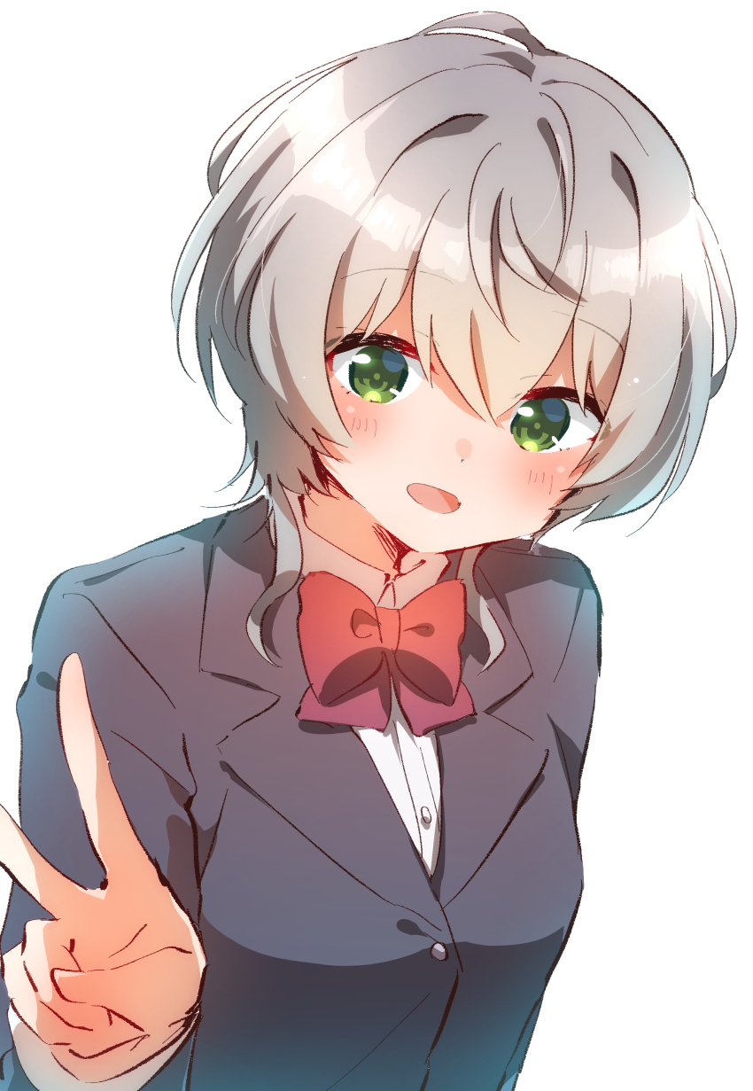 1girl absurdres black_jacket blazer bow bowtie commentary_request green_eyes grey_hair highres jacket jaku-chara_tomozaki-kun kikuchi_fuuka looking_at_viewer nyaa_(nnekoron) open_mouth red_bow red_bowtie school_uniform shirt short_hair simple_background smile solo upper_body v white_background white_shirt