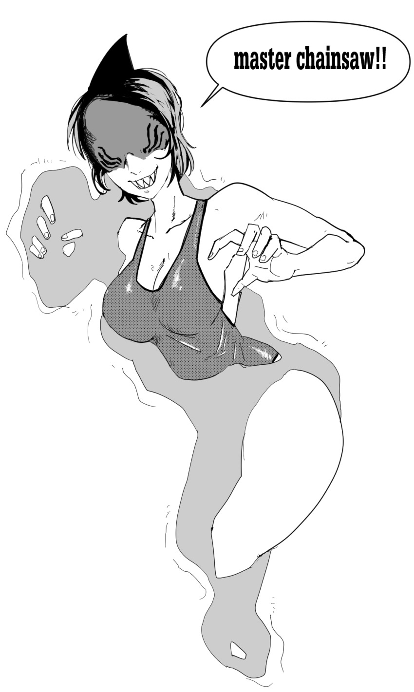 1girl beam_(chainsaw_man) breasts chainsaw_man english_text facing_viewer genderswap genderswap_(mtf) greyscale highres large_breasts monochrome one-piece_swimsuit sen_(sus_pain) shark_girl sharp_teeth short_hair sideboob simple_background smile solo speech_bubble swimsuit teeth thick_thighs thighs white_background