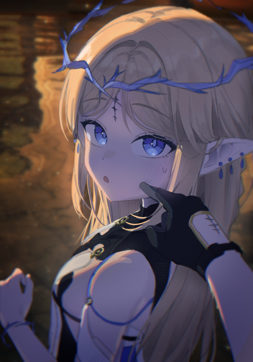 1boy 1girl absurdres bare_shoulders black_collar blonde_hair blue_eyes blush cartethyia_(wuthering_waves) cheek_poking collar commentary crown_of_thorns dessin56902 earrings from_behind highres jewelry light_blush long_hair looking_at_viewer male_rover_(wuthering_waves) open_mouth parted_bangs pointy_ears poking pov pov_hands rover_(wuthering_waves) sidelocks sweatdrop tacet_mark_(wuthering_waves) upper_body wuthering_waves