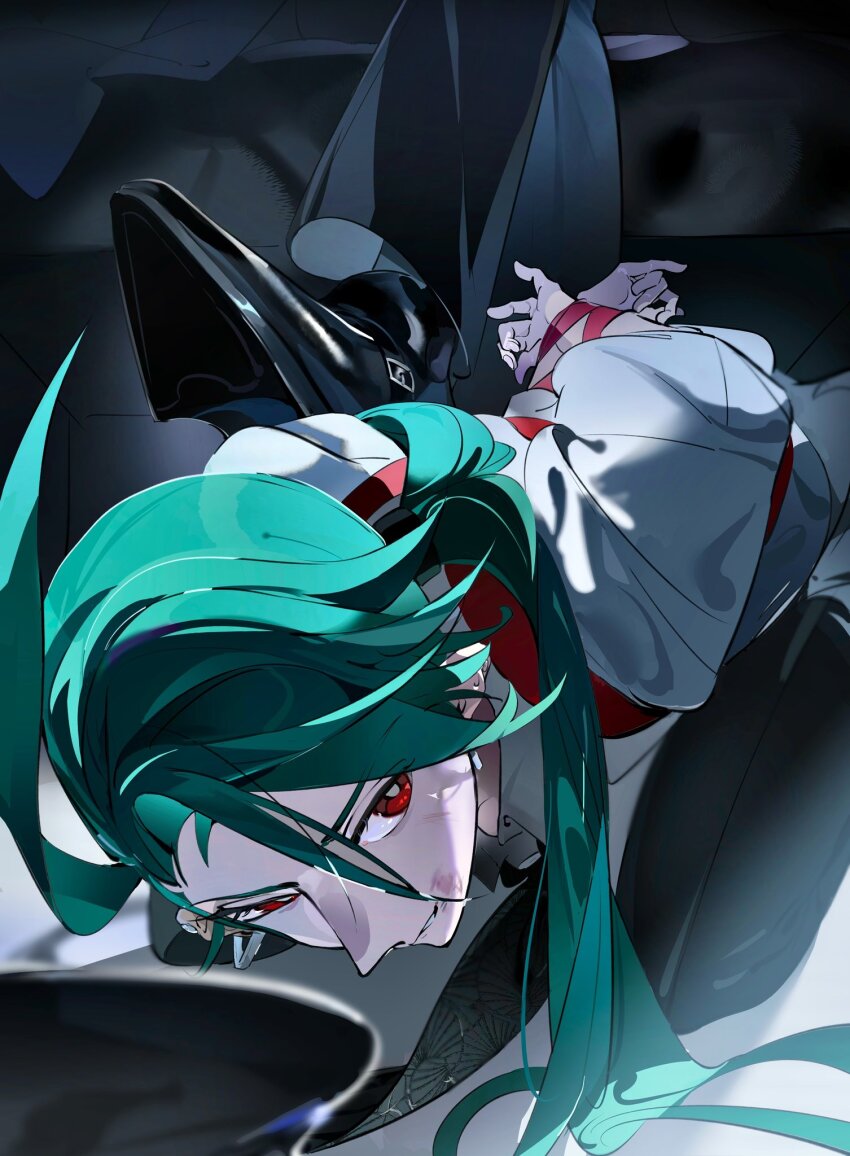 2girls arms_behind_back blurry bound bound_wrists bright_pupils commentary earrings english_commentary geeta_(pokemon) geetasdog green_hair highres jewelry long_hair multiple_girls nintendo parted_lips pokemon pokemon_sv red_eyes red_ribbon ribbon rika_(pokemon) scrape shirt stepped_on
