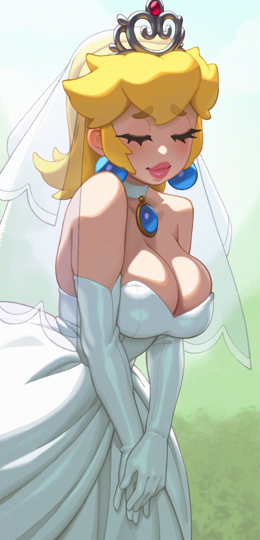 1girl absurdres alternate_breast_size alternate_eyebrows blonde_hair blush breasts closed_eyes crown dress earrings elbow_gloves gloves highres jewelry large_breasts long_hair mario_(series) nintendo official_alternate_costume official_alternate_hairstyle ponytail princess_peach princess_peach_(wedding) riz smile solo sphere_earrings super_mario_odyssey thick_eyebrows wedding_dress white_gloves