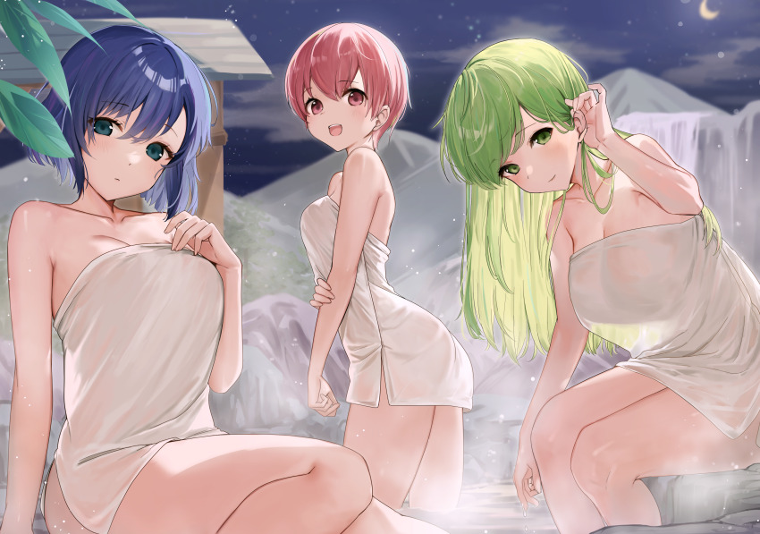3girls absurdres bathrobe blue_eyes blue_hair breasts catria_(fire_emblem) commission commissioner_upload est_(fire_emblem) fire_emblem fire_emblem:_mystery_of_the_emblem green_eyes green_hair haru_(nakajou-28) highres large_breasts medium_breasts multiple_girls naked_towel night nintendo non-web_source onsen outdoors palla_(fire_emblem) pink_eyes pink_hair siblings sisters small_breasts steam towel