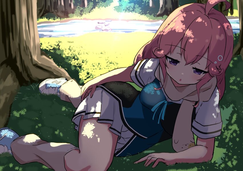 1girl :o ahoge backlighting black_vest blue_ribbon blue_shorts blue_vest blush commentary_request dappled_sunlight day forest full_body grass grisaia_(series) grisaia_phantom_trigger hair_between_eyes half-closed_eyes highres ikoma_murasaki kneehighs long_hair looking_at_viewer loose_socks lying miniskirt nature on_grass on_side open_mouth outdoors pink_hair pleated_skirt poteto_furai purple_eyes ribbon river scarf school_uniform serafuku shirt shoes short_sleeves shorts sidelocks skirt sleepy sneakers socks solo squeans sunlight tree tsurime two-tone_vest vest white_shirt white_skirt yellow_scarf