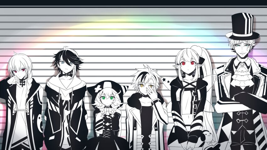 1other 2girls 3boys animal_ears animal_hood braid brown_eyes closed_mouth collared_shirt crop_top crossed_arms drawstring elu_(nijisanji) facial_mark fairy_wings fake_animal_ears green_eyes grey_eyes hair_between_eyes hat highres hood hood_down hood_up hoodie jacket joe_rikiichi long_hair long_sleeves midriff multicolored_hair multiple_boys multiple_girls navel nijisanji ninahachi open_clothes open_jacket own_hands_together pleated_skirt pointy_ears puffy_long_sleeves puffy_sleeves red_eyes ryuushen saegusa_akina shirt side_ponytail single_braid skirt sleeves_past_wrists streaked_hair suzuki_masaru teardrop top_hat very_long_hair vest virtual_youtuber warabeda_meiji wings