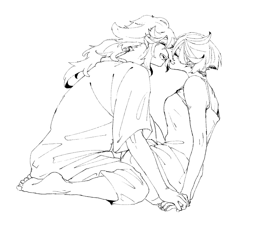 2girls barefoot camisole closed_eyes commentary_request greyscale gundam gundam_suisei_no_majo highres holding_hands kusattatofu long_hair miorine_rembran monochrome multiple_girls open_mouth ponytail shirt short_hair short_sleeves smile suletta_mercury toes yuri
