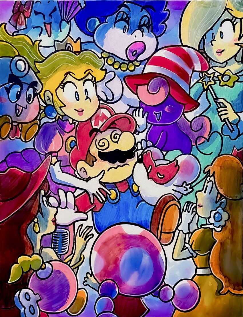 1boy 6+girls blue_dress blue_eyes blush bombette bow_(paper_mario) brown_hair crown donkey_kong_(series) dress earrings facial_hair flipped_hair flower_earrings flurry_(mario) gloves goombella grin hair_between_eyes hair_over_one_eye hat highres hug hug_from_behind jewelry lipstick looking_at_another makeup mario mario_(series) masks michrophone microphone ms._mowz multiple_girls mustache nintendo orange_dress overalls paper_mario paper_mario:_the_thousand_year_door paper_mario_64 pauline pauline_(mario) pink_dress princess_daisy princess_peach puffy_short_sleeves puffy_sleeves red_shirt rosalina shirt short_sleeves smile super_mario_bros._1 super_mario_bros._wonder super_mario_galaxy super_mario_land super_mario_odyssey thebourgyman toadette twintails vivian_(paper_mario) wand
