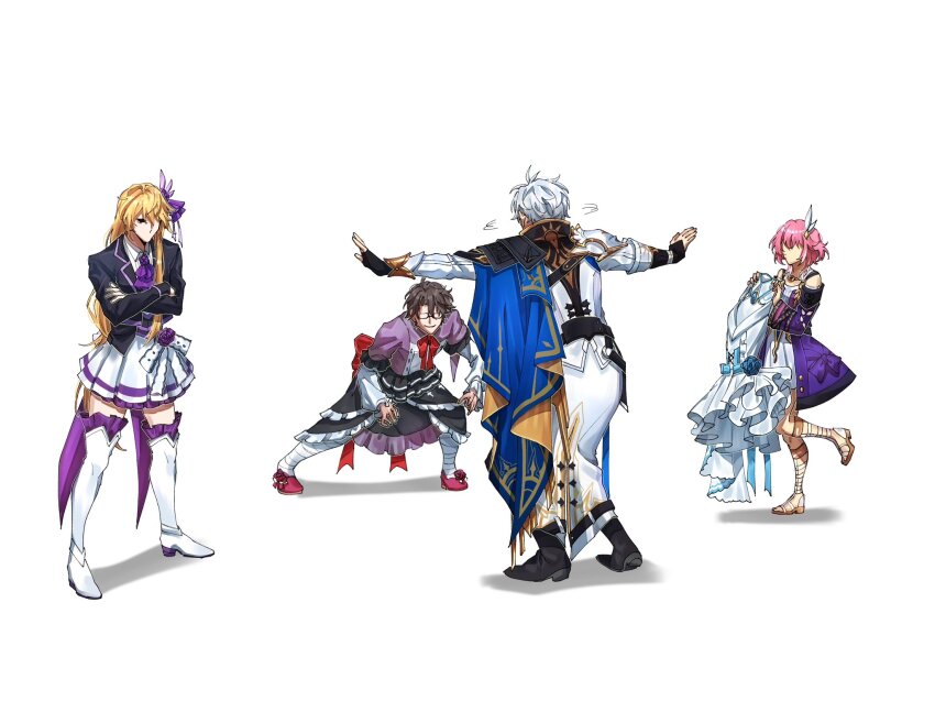 1girl 3boys ahoge black_boots black_skirt blonde_hair boots brown_hair coat commentary_request crossdressing crossed_arms cyrene_(honkai:_star_rail) hair_ornament highres honkai:_star_rail honkai_(series) honkai_impact_3rd idol long_hair meme multiple_boys no_eyes otto_apocalypse phainon_(honkai:_star_rail) prattkeeping_(meme) purple_coat purple_shirt red_shoes sandals shirt shoes short_hair simple_background skirt very_long_hair welt_yang white_background white_boots white_coat white_hair white_skirt yuka_(pixiv38407039)