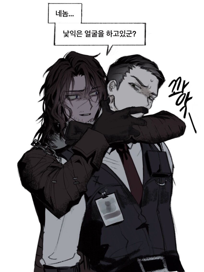 2boys belt black_belt black_gloves black_hair black_vest brown_coat brown_hair chanil_(muexlku) choke_hold coat collared_shirt from_behind gloves green_eyes hair_slicked_back heathcliff_(project_moon) highres id_card korean_text limbus_company long_hair meursault_(project_moon) multiple_boys project_moon shirt speech_bubble strangling sweat translation_request upper_body vest white_shirt wuthering_heights_(identity)_(project_moon)
