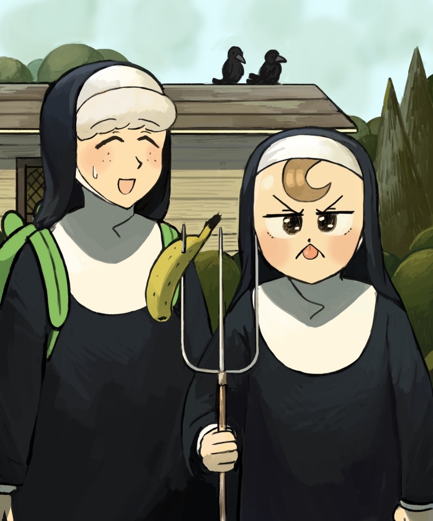2girls ^_^ american_gothic backpack bag banana bird brown_eyes brown_hair closed_eyes crow diva_(hyxpk) fine_art_parody food freckles froggy_nun_(diva) fruit green_bag grey_hair habit highres holding holding_pitchfork hut little_nuns_(diva) multiple_girls nun outdoors parody pitchfork sheep_nun_(diva) sky smile standing tongue tongue_out traditional_nun tree