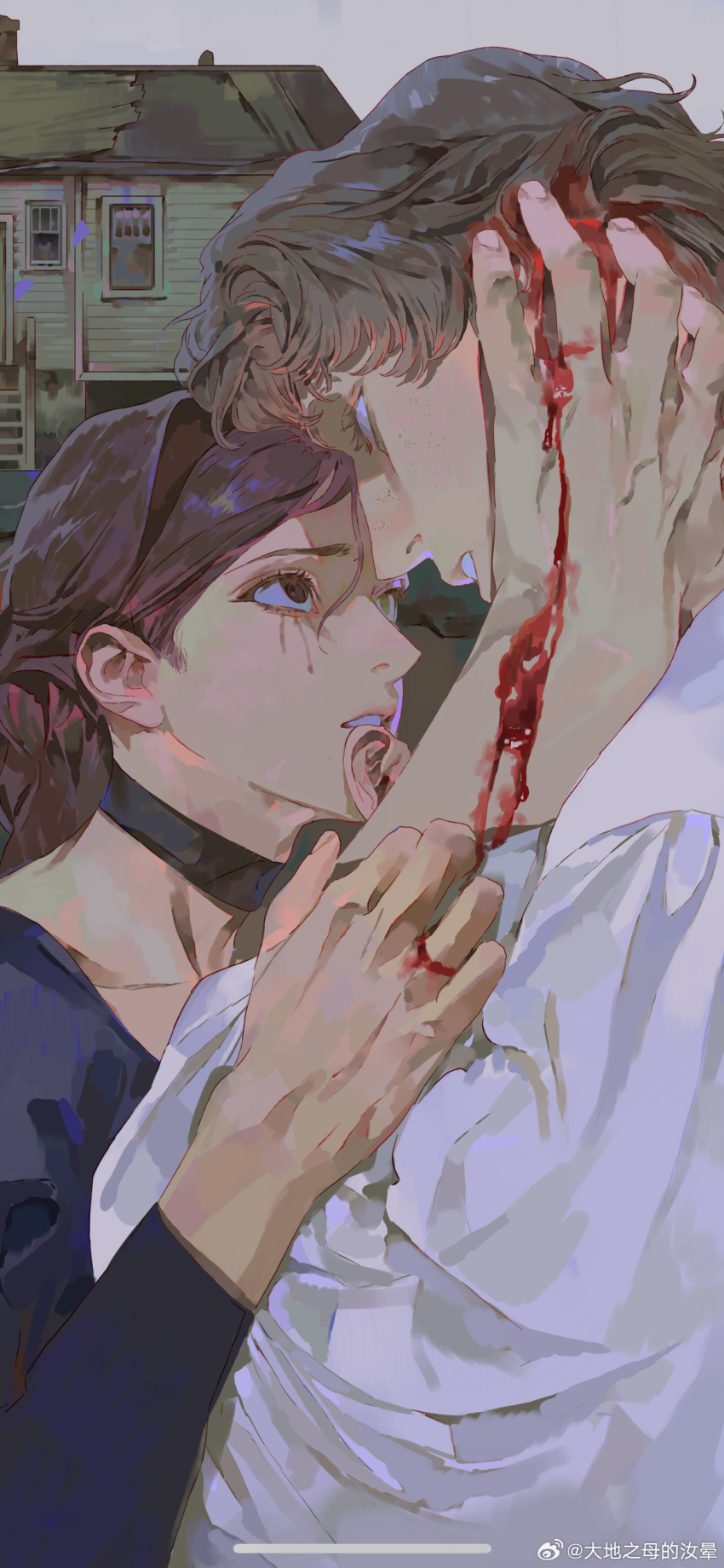 1boy 1girl absurdres blood blood_drip blood_on_face blood_on_hands blue_shirt brown_eyes brown_hair cabin clenched_teeth collarbone commentary disembodied_finger disembodied_head eye_contact eyelashes face-to-face fingernails freckles hair_bun hair_intakes hand_on_another&#039;s_arm hand_on_own_head heads_together highres liquid_from_eyes long_sleeves looking_at_another mgong520 original parted_lips pink_lips shirt short_hair single_hair_bun symbol-only_commentary teeth upper_body watermark weibo_watermark white_shirt