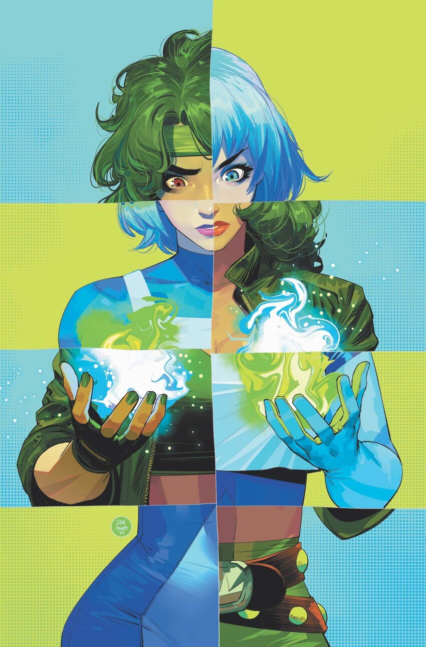 2girls beatriz_da_costa belt blue_bodysuit blue_eyes blue_eyeshadow blue_gloves blue_hair bodysuit brown_belt comic_cover commentary cover_image cropped_shirt dan_mora dc_comics english_commentary eyeshadow fingerless_gloves fire_(dc) gloves green_gloves green_hair green_headband green_jacket green_pants green_shirt headband highres ice_(dc) jacket long_hair looking_down makeup multiple_girls official_art open_hand pants parted_lips shirt short_hair surprised tora_olafsdotter v-shaped_eyebrows