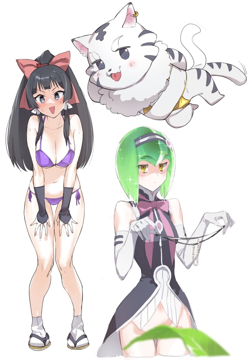 2girls android animal bikini black_coat black_eyes black_gloves black_hair blurry blurry_foreground blush bob_cut bottomless bow breasts cleavage closed_mouth clothed_animal coat commentary_request convenient_censoring elbow_gloves embarrassed expressionless francesca_(isekai_wa_smartphone_to_tomo_ni.) gloves gold_bikini gradient_hair green_hair hair_bow hairband hands_on_own_thighs highres holding holding_unworn_clothes holding_underwear holding_unworn_clothes isekai_wa_smartphone_to_tomo_ni. jitome kohaku_(isekai_wa_smartphone_to_tomo_ni.) kokonoe_yae large_breasts leaf leaf_censor long_hair looking_at_viewer micro_bikini multicolored_hair multiple_girls nervous_smile open_mouth pearl_thong purple_bikini red_bow sandals shaded_face sidelocks simple_background sleeveless sleeveless_coat smile socks soosaresu sparkle swimsuit tabi tail tail_wagging tekkou thigh_gap tiger tongue tongue_out underwear white_background white_socks white_tiger yellow_eyes zouri