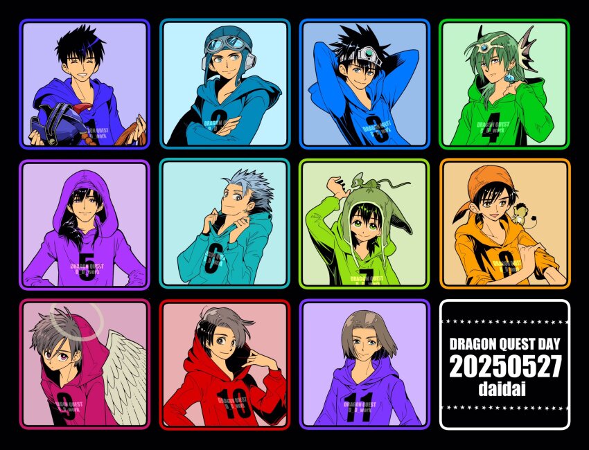 6+boys angel_wings aqua_gemstone arms_behind_head bandana black_border black_hair blue_robe border brown_hair circlet closed_eyes crossed_arms d_d_work dated dragon_quest dragon_quest_i dragon_quest_ii dragon_quest_iii dragon_quest_iv dragon_quest_ix dragon_quest_v dragon_quest_vi dragon_quest_vii dragon_quest_viii dragon_quest_x dragon_quest_xi fins gem goggles goggles_on_head green_hair green_robe grey_hair hair_between_eyes head_fins helmet hero_(dq1) hero_(dq10) hero_(dq11) hero_(dq3) hero_(dq4) hero_(dq5) hero_(dq6) hero_(dq7) hero_(dq8) hero_(dq9) highres holding holding_helmet hood hood_down hood_up hooded_robe lizard long_hair male_focus mouse_(animal) multiple_boys munchie_(dq8) orange_bandana orange_robe parted_bangs parted_lips pink_robe prince_of_lorasia purple_robe red_robe robe short_hair smile spiked_hair swept_bangs upper_body wings